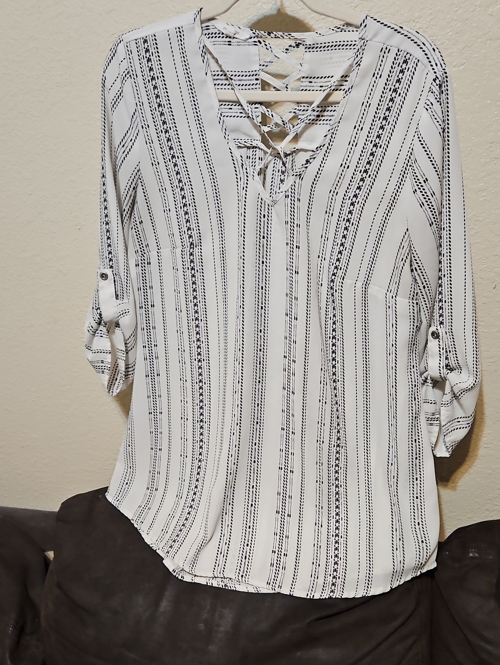 Maurices White Striped Lace-Up V-Neck Blouse